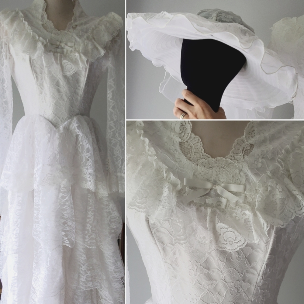 70s Lace Wedding Gown and Hat